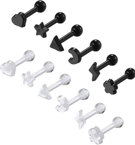 PiercingJ Clear Acrylic Cartilage Earrings 16G Plastic Tongue Tragus Ring Cute Heart Star Nose Lip Stud Barbell Black Helix Piercing Retainer for Sports Surgery Work in Kuwait