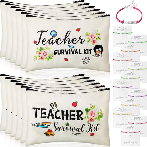 Frienda 24 Pieces Teacher Appreciation Present Set, 12 Teacher Survival Kit Bag Makeup Pouch Bag, 12 Blessing Card Bracelet, Cosmetic Bag Kit (Elegant Style, 9.1 x 5.9 Inch) in Saudi Arabia