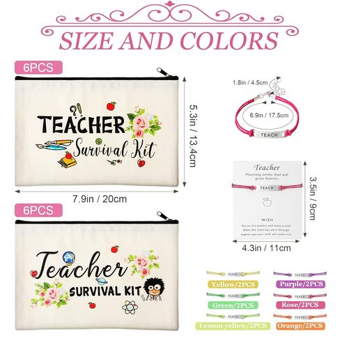 Frienda 24 Pieces Teacher Appreciation Present Set, 12 Teacher Survival Kit Bag Makeup Pouch Bag, 12 Blessing Card Bracelet, Cosmetic Bag Kit (Elegant Style, 9.1 x 5.9 Inch) in Saudi Arabia
