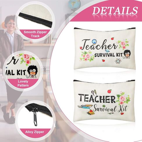 Frienda 24 Pieces Teacher Appreciation Present Set, 12 Teacher Survival Kit Bag Makeup Pouch Bag, 12 Blessing Card Bracelet, Cosmetic Bag Kit (Elegant Style, 9.1 x 5.9 Inch) in Saudi Arabia