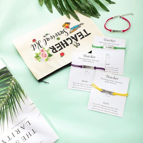Frienda 24 Pieces Teacher Appreciation Present Set, 12 Teacher Survival Kit Bag Makeup Pouch Bag, 12 Blessing Card Bracelet, Cosmetic Bag Kit (Elegant Style, 9.1 x 5.9 Inch) in Saudi Arabia