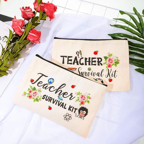Frienda 24 Pieces Teacher Appreciation Present Set, 12 Teacher Survival Kit Bag Makeup Pouch Bag, 12 Blessing Card Bracelet, Cosmetic Bag Kit (Elegant Style, 9.1 x 5.9 Inch) in Saudi Arabia