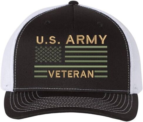 US Army Veteran USA Flag Embroidered Trucker Hat | Structured Mesh Back Military Vet Snap Back Baseball Cap in Saudi Arabia
