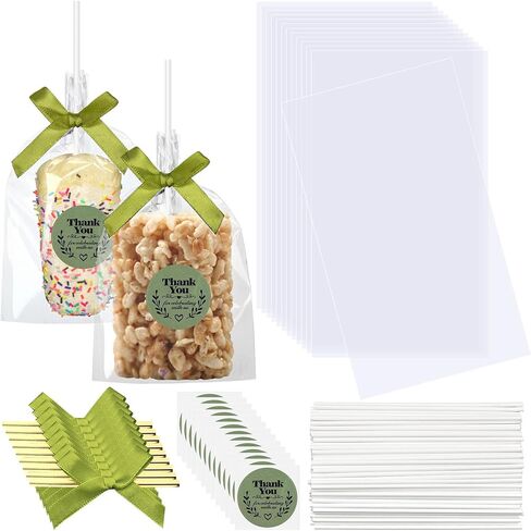 Wavwavw 100 Sets Clear Rice Krispie Treat Bags with White Ribbon Bow and Thank You Stickers Clear Flat Cellophane Treat Bags Clear Candy Bags Treat Bags for Rice Krispie Treats Gift Giving Bags in Kuwait