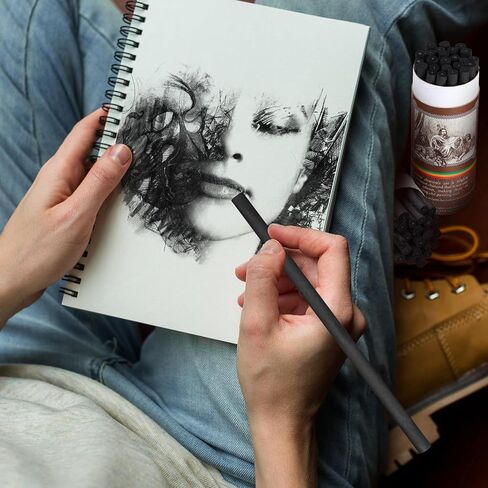 Gueevin 100 PCS العصي الفحم الصفرية ، فحم الرسم الأسود الناعم للرسم ورسم فنانين رسم فنانين ، طوله 5.7 بوصة ، 2-4 ، 4-5 ، 5-7 مم in Kuwait