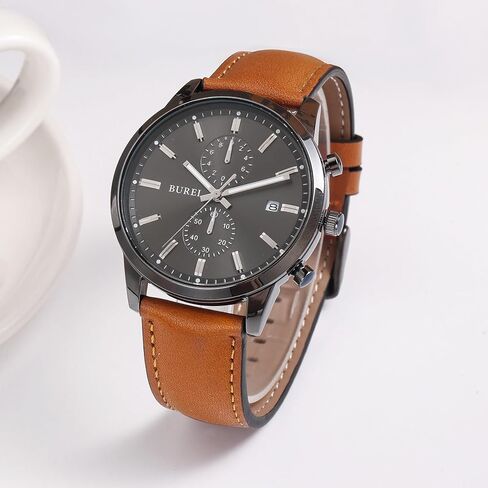 BUREI Men's Leather Watches Chronograph Quartz Watches for Men Classic Fashion Wristwatch Relojes para Hombres,Gift for Men(Brown Black) in Saudi Arabia
