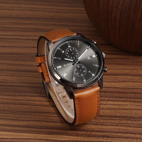 BUREI Men's Leather Watches Chronograph Quartz Watches for Men Classic Fashion Wristwatch Relojes para Hombres,Gift for Men(Brown Black) in Saudi Arabia