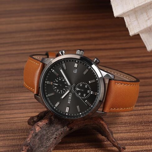 BUREI Men's Leather Watches Chronograph Quartz Watches for Men Classic Fashion Wristwatch Relojes para Hombres,Gift for Men(Brown Black) in Saudi Arabia