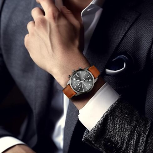 BUREI Men's Leather Watches Chronograph Quartz Watches for Men Classic Fashion Wristwatch Relojes para Hombres,Gift for Men(Brown Black) in Saudi Arabia