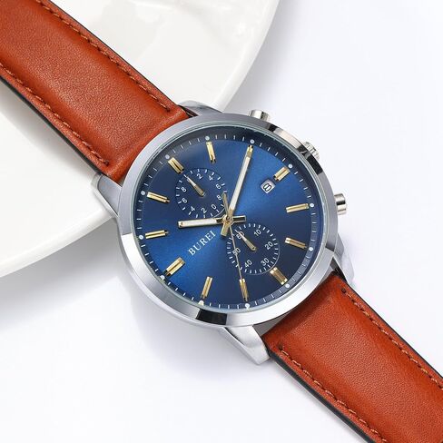 BUREI Men's Leather Watches Chronograph Quartz Watches for Men Classic Fashion Wristwatch Relojes para Hombres,Gift for Men(Brown Black) in Saudi Arabia