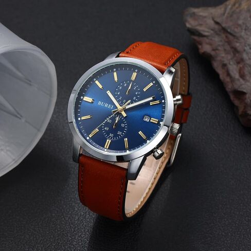 BUREI Men's Leather Watches Chronograph Quartz Watches for Men Classic Fashion Wristwatch Relojes para Hombres,Gift for Men(Brown Black) in Saudi Arabia