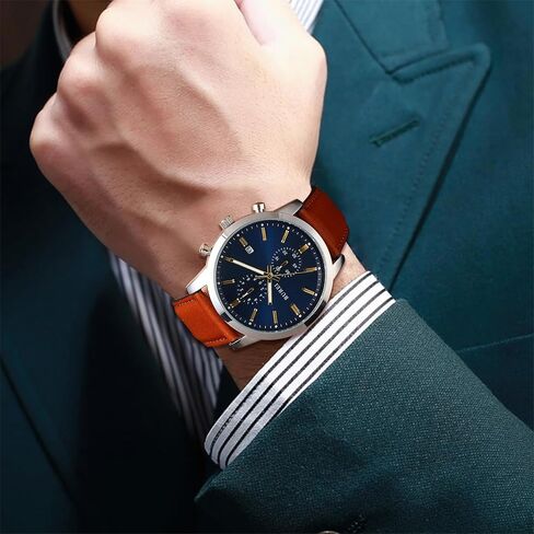 BUREI Men's Leather Watches Chronograph Quartz Watches for Men Classic Fashion Wristwatch Relojes para Hombres,Gift for Men(Brown Black) in Saudi Arabia
