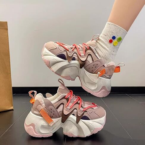 Retro Thick Sole Sneakers Women Dad Shoes Y2K Aesthetic 2.6 Height Increase Walking Cute Shoes in Kuwait