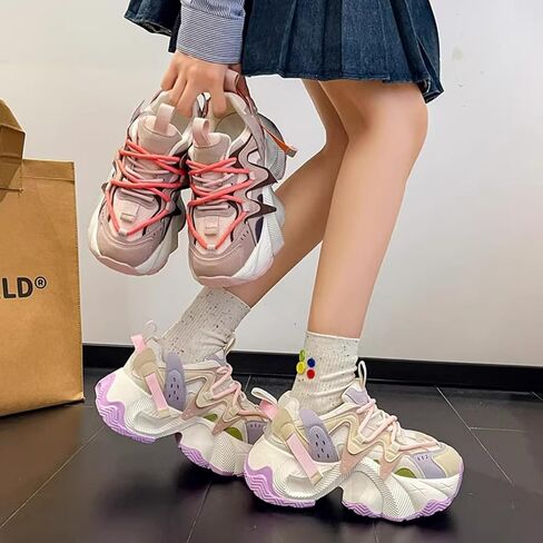 Retro Thick Sole Sneakers Women Dad Shoes Y2K Aesthetic 2.6 Height Increase Walking Cute Shoes in Kuwait