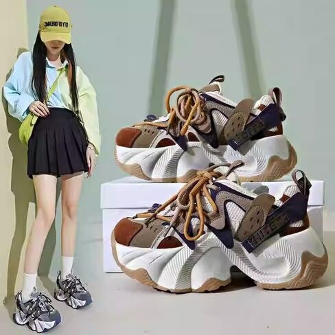 Retro Thick Sole Sneakers Women Dad Shoes Y2K Aesthetic 2.6 Height Increase Walking Cute Shoes in Kuwait