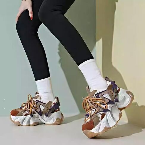 Retro Thick Sole Sneakers Women Dad Shoes Y2K Aesthetic 2.6 Height Increase Walking Cute Shoes in Kuwait