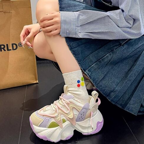 Retro Thick Sole Sneakers Women Dad Shoes Y2K Aesthetic 2.6 Height Increase Walking Cute Shoes in Kuwait