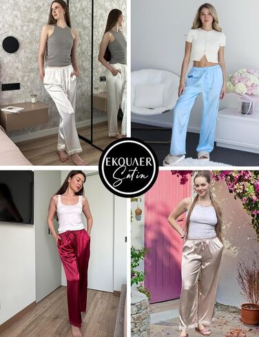Ekouaer Womens Silk Satin Pajama Pants صالة نوم سروال نوم جيب الخصر المرن عريض الساق PJ مع تقليم الدانتيل in Saudi Arabia