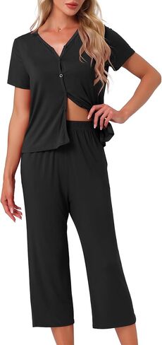 cheibear Womens Capri Pajamas Set Short Sleeve Button Up Sleepwear V Neck 2 Piece Pjs Lounge Set in Saudi Arabia