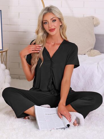 cheibear Womens Capri Pajamas Set Short Sleeve Button Up Sleepwear V Neck 2 Piece Pjs Lounge Set in Saudi Arabia