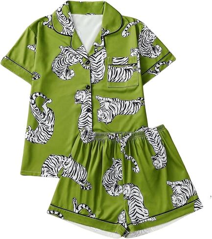 WDIRARA Women's Plus Size 2 Piece Tiger Print Pajama Set Shorts Pjs Sets Button Down Short Sleeve Sleepwear in Saudi Arabia