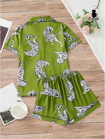 WDIRARA Women's Plus Size 2 Piece Tiger Print Pajama Set Shorts Pjs Sets Button Down Short Sleeve Sleepwear in Saudi Arabia