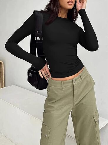 قمصان طويلة الأكمام للنساء - قمم محصول Y2K غير الرسمية Tops Crewneck Slim Fit Tyre in Kuwait