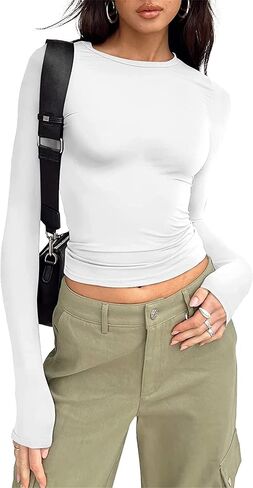 قمصان طويلة الأكمام للنساء - قمم محصول Y2K غير الرسمية Tops Crewneck Slim Fit Tyre in Kuwait