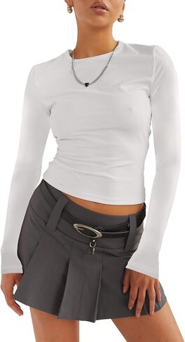 قمصان طويلة الأكمام للنساء - قمم محصول Y2K غير الرسمية Tops Crewneck Slim Fit Tyre in Kuwait