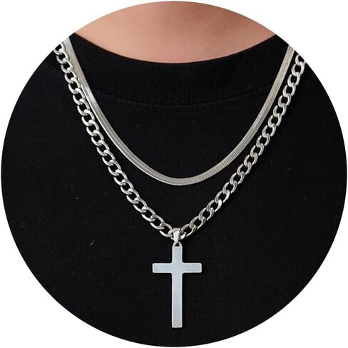 RANKEEF 2Pcs Layered Cross Necklace for Men Stainless Steel Cross Necklace Christian Cross Pendant Hypoallergenic Snake Rope Cuban Link Cross Chain For Men 18-24 Inches in Saudi Arabia