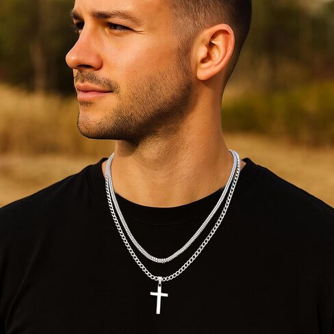RANKEEF 2Pcs Layered Cross Necklace for Men Stainless Steel Cross Necklace Christian Cross Pendant Hypoallergenic Snake Rope Cuban Link Cross Chain For Men 18-24 Inches in Saudi Arabia