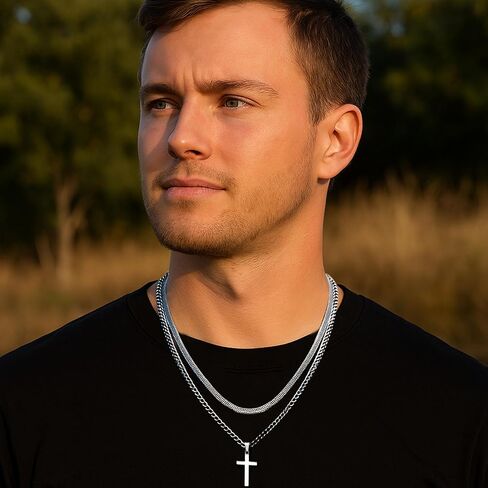 RANKEEF 2Pcs Layered Cross Necklace for Men Stainless Steel Cross Necklace Christian Cross Pendant Hypoallergenic Snake Rope Cuban Link Cross Chain For Men 18-24 Inches in Saudi Arabia