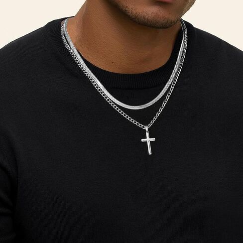 RANKEEF 2Pcs Layered Cross Necklace for Men Stainless Steel Cross Necklace Christian Cross Pendant Hypoallergenic Snake Rope Cuban Link Cross Chain For Men 18-24 Inches in Saudi Arabia