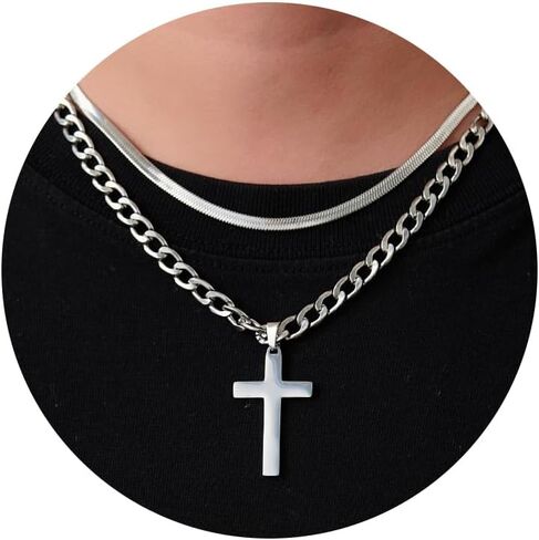 RANKEEF 2Pcs Layered Cross Necklace for Men Stainless Steel Cross Necklace Christian Cross Pendant Hypoallergenic Snake Rope Cuban Link Cross Chain For Men 18-24 Inches in Saudi Arabia
