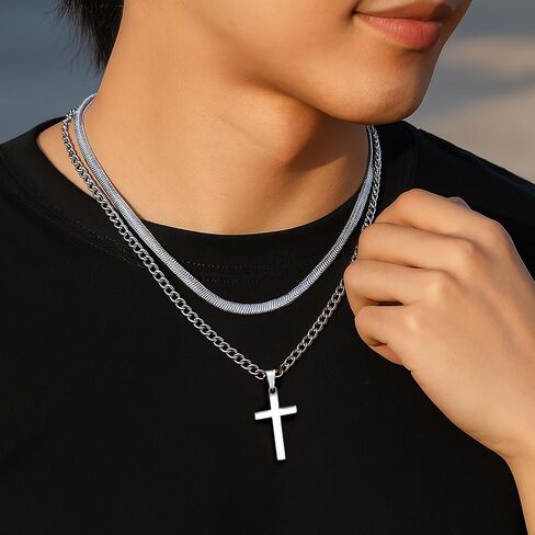 RANKEEF 2Pcs Layered Cross Necklace for Men Stainless Steel Cross Necklace Christian Cross Pendant Hypoallergenic Snake Rope Cuban Link Cross Chain For Men 18-24 Inches in Saudi Arabia