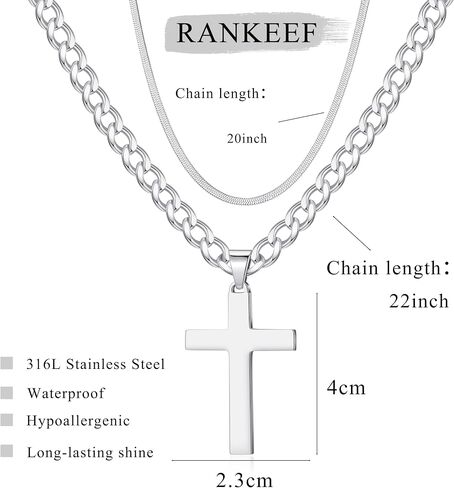 RANKEEF 2Pcs Layered Cross Necklace for Men Stainless Steel Cross Necklace Christian Cross Pendant Hypoallergenic Snake Rope Cuban Link Cross Chain For Men 18-24 Inches in Saudi Arabia