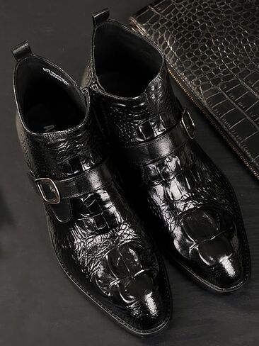 Santimon Mens Zipper Dress Leather Crocodile Print Bukle Strap Ankle Fashion Monk Boots in Kuwait