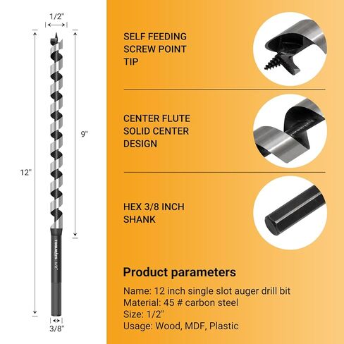 1/2 Inch x 12 Inch Auger Drill Bit, Long Auger Drill Bit for Wood, Hex Shank 3/8 Inch One Piece Wood Drill Bit, Smooth Drilling for Drywall, Plastic, Composite Materials in Kuwait
