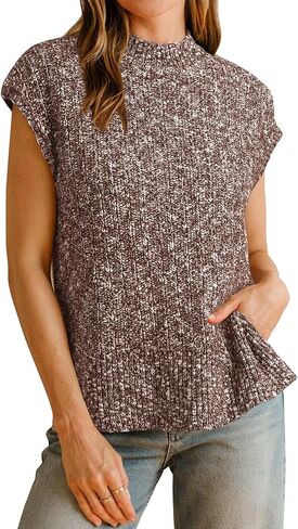 Arach & Cloz Women's Cotton Cable Cap Sleeve Side Slit Sweater Stest Fall Fall Discal Tops 2025 in Kuwait