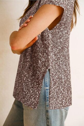 Arach & Cloz Women's Cotton Cable Cap Sleeve Side Slit Sweater Stest Fall Fall Discal Tops 2025 in Kuwait