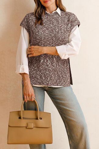 Arach & Cloz Women's Cotton Cable Cap Sleeve Side Slit Sweater Stest Fall Fall Discal Tops 2025 in Kuwait