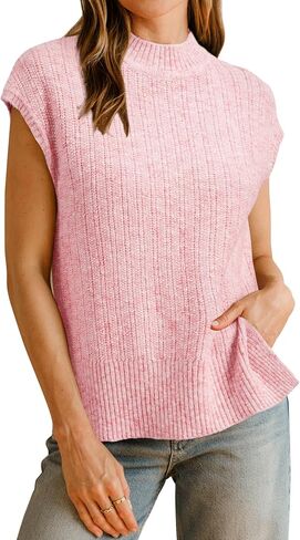 Arach & Cloz Women's Cotton Cable Cap Sleeve Side Slit Sweater Stest Fall Fall Discal Tops 2025 in Kuwait