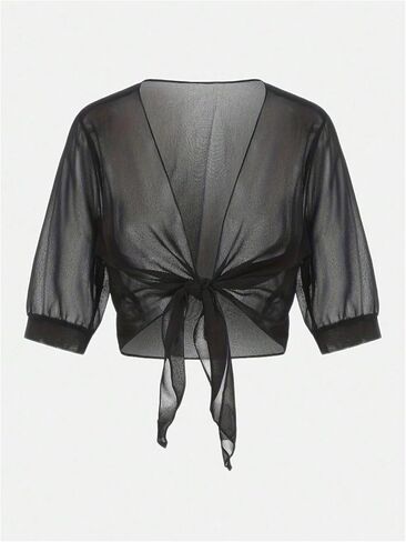 Women's Plus Size Sheer Mesh Chiffon Blouses Tie Front Half Sleeve Crop Cardigan Shrug in Saudi Arabia