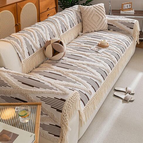 vctops Boho Cotton Linen Sofa Couch Cover with Handmade Tassels Farmhouse Rustic Thick Tufted Setcional Couch Covers Non-Slip Soft Sofa Slipcover Washable Furniture Protector (Coffee D,28"x47") in Saudi Arabia