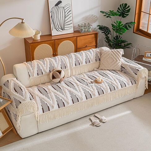 vctops Boho Cotton Linen Sofa Couch Cover with Handmade Tassels Farmhouse Rustic Thick Tufted Setcional Couch Covers Non-Slip Soft Sofa Slipcover Washable Furniture Protector (Coffee D,28"x47") in Saudi Arabia