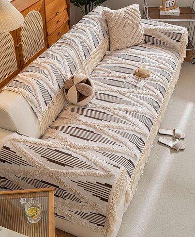 vctops Boho Cotton Linen Sofa Couch Cover with Handmade Tassels Farmhouse Rustic Thick Tufted Setcional Couch Covers Non-Slip Soft Sofa Slipcover Washable Furniture Protector (Coffee D,28"x47") in Saudi Arabia