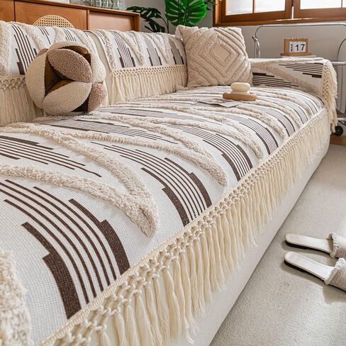vctops Boho Cotton Linen Sofa Couch Cover with Handmade Tassels Farmhouse Rustic Thick Tufted Setcional Couch Covers Non-Slip Soft Sofa Slipcover Washable Furniture Protector (Coffee D,28"x47") in Saudi Arabia