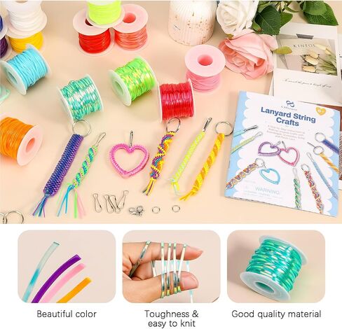 PP OPOUNT Laser Reflective Lanyard String, 12 Rolls Plastic Lacing Cord with 20 Key Chain Rings, 20 Snap Clips and 10 Lobster Clips, Gimp String Kit for DIY Bracelets, Key Chain and Lanyards in Kuwait