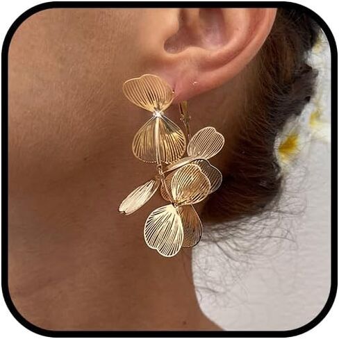 Gold Large Flower Petal Hoop Earrings Boho Retro Big Hibiscus Leaf Statement Beach Vacation Dangle Floral Charms Circle Hoops Earring Jewelry for Women in Kuwait