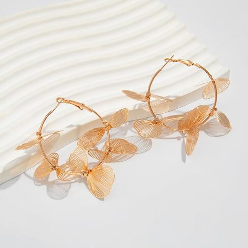 Gold Large Flower Petal Hoop Earrings Boho Retro Big Hibiscus Leaf Statement Beach Vacation Dangle Floral Charms Circle Hoops Earring Jewelry for Women in Kuwait